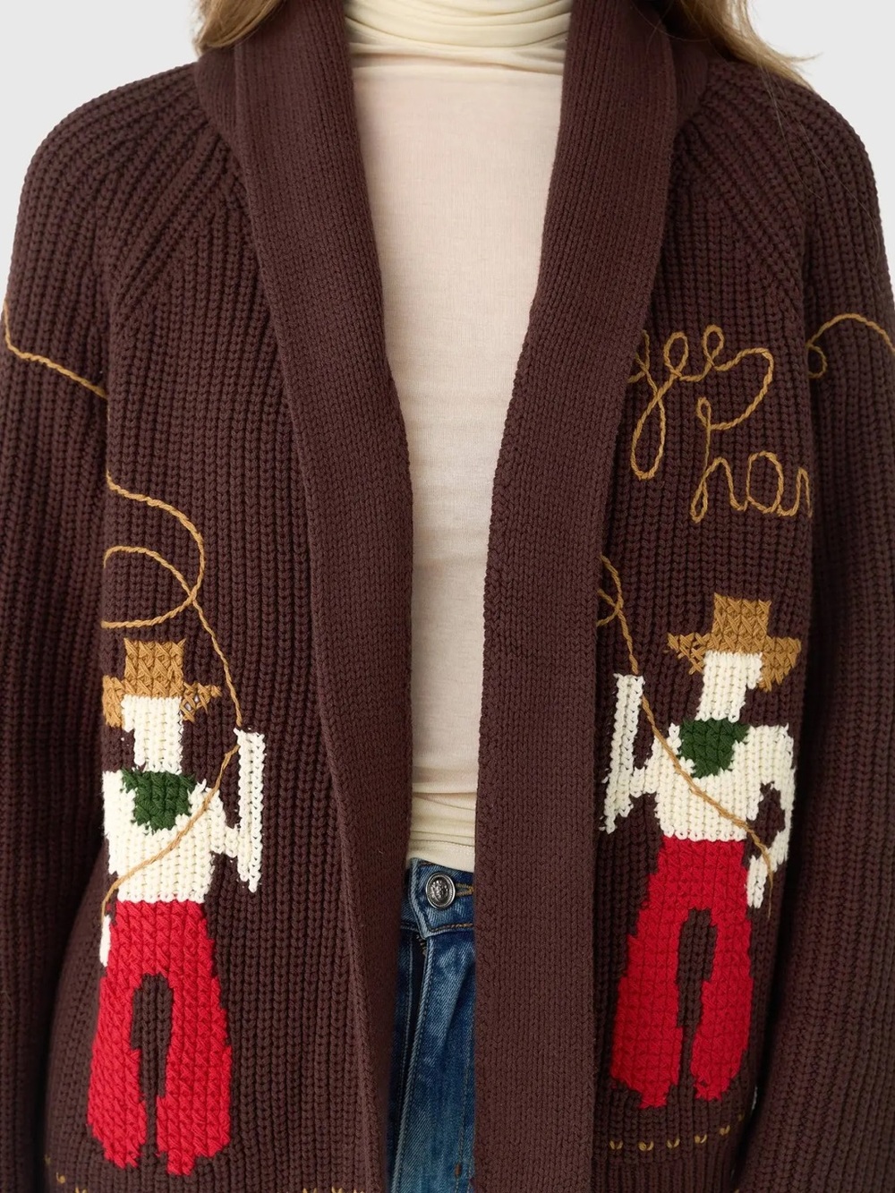 THE GREAT. Brown Embroidered Cowgirl Cardigan with Red Accents lasso lodge